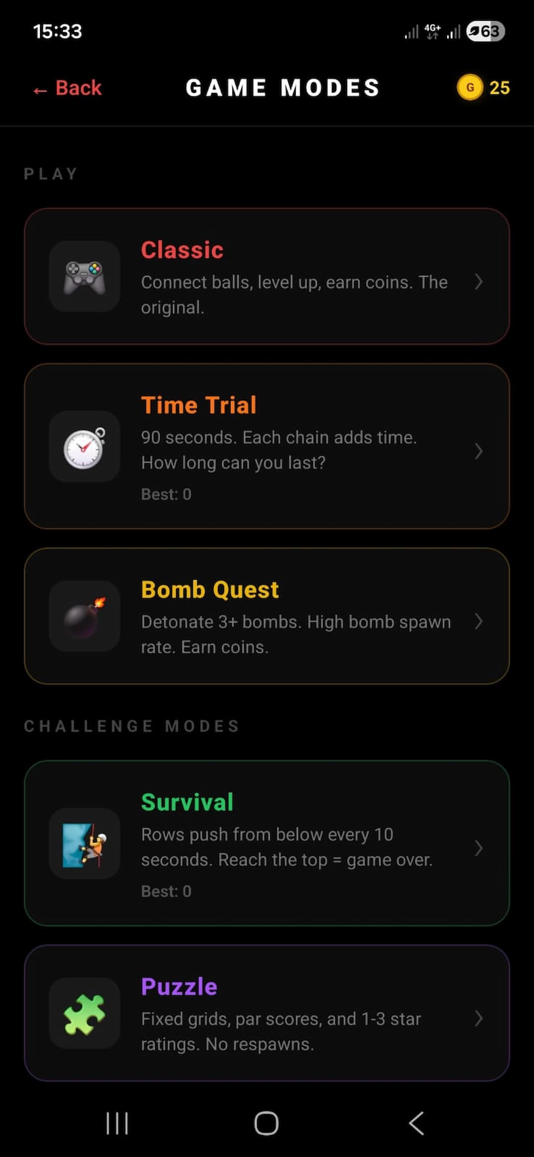 Ball Chain game modes screen